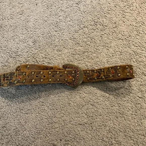 Vintage Brown Crystal Gem Croc Studded Dress Moto Biker Western Belt Y2K sz S/M - Picture 6 of 8